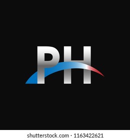 Initial letters PH overlapping movement swoosh logo, metal silver blue red color on black background
