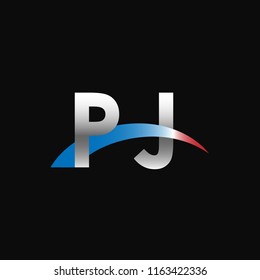 Initial letters PJ overlapping movement swoosh logo, metal silver blue red color on black background