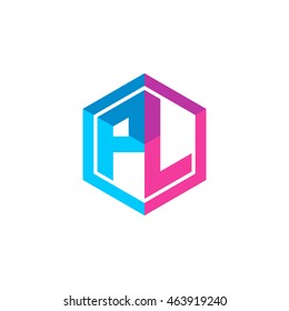 Initial letters PL hexagon box shape logo blue pink purple