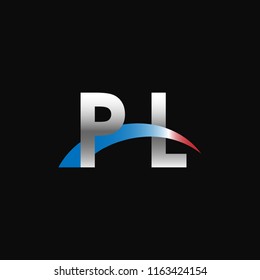 Initial letters PL overlapping movement swoosh logo, metal silver blue red color on black background
