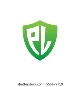 Initial letters PL shield shape green simple logo