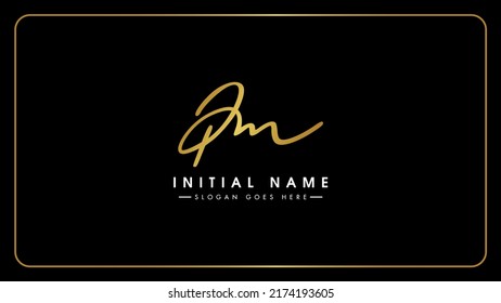Initial letters PM P M Golden signature logo, Gold Brush typography. Handwriting bold cursive letters P M, Isolated on black background.