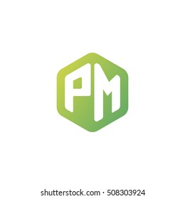 Initial letters PM rounded hexagon shape green simple modern logo