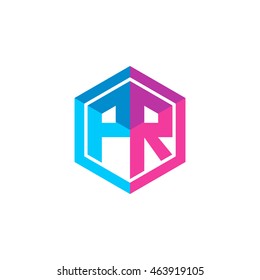 Initial Letters PR Hexagon Box Shape Logo Blue Pink Purple