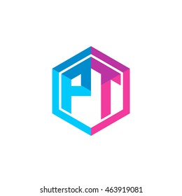 Initial letters PT hexagon box shape logo blue pink purple