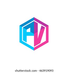 Initial letters PV hexagon box shape logo blue pink purple