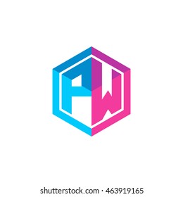 Initial letters PW hexagon box shape logo blue pink purple