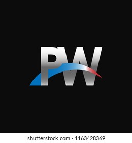 Initial letters PW overlapping movement swoosh logo, metal silver blue red color on black background