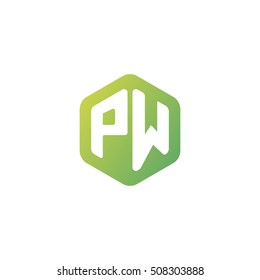 Initial letters PW rounded hexagon shape green simple modern logo