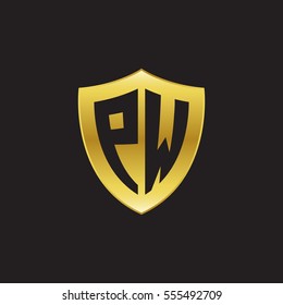 Initial letters PW shield shape gold logo