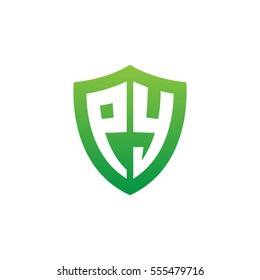 Initial letters PY shield shape green simple logo