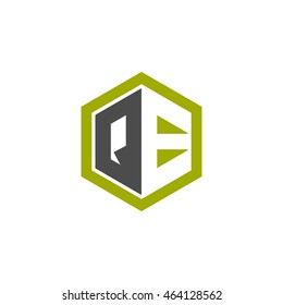 Initial letters QE negative space hexagon shape logo green black gray