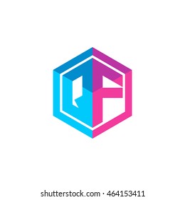 Initial letters QF hexagon box shape logo blue pink purple