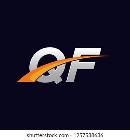Initial letters QF vector illustrations designs overlapping with orange swoosh vector for company or factory logo on blue dark background.
