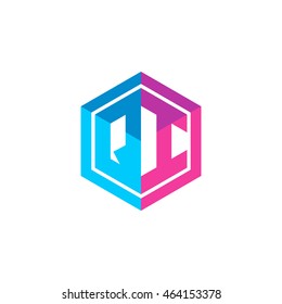 Initial letters QI hexagon box shape logo blue pink purple
