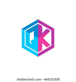 Initial letters QK hexagon box shape logo blue pink purple