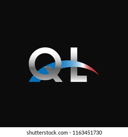 Initial letters QL overlapping movement swoosh logo, metal silver blue red color on black background