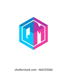 Initial letters QM hexagon box shape logo blue pink purple