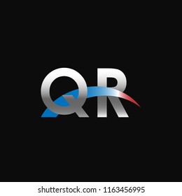 Initial letters QR overlapping movement swoosh logo, metal silver blue red color on black background