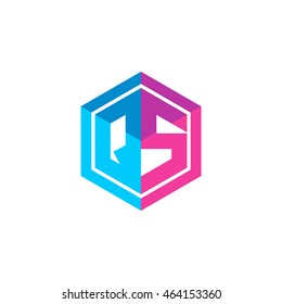 Initial letters QS hexagon box shape logo blue pink purple