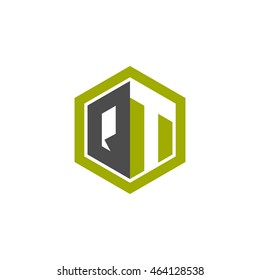 Initial letters QT negative space hexagon shape logo green black gray