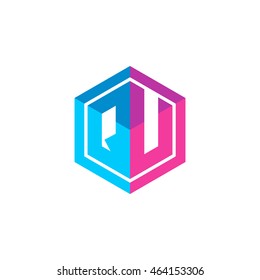 Initial letters QU hexagon box shape logo blue pink purple