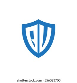 Initial letters QU, QV, shield shape blue simple logo