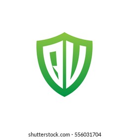Initial letters QU, QV, shield shape green simple logo