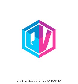 Initial letters QV hexagon box shape logo blue pink purple