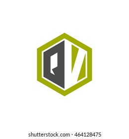 Initial letters QV negative space hexagon shape logo green black gray