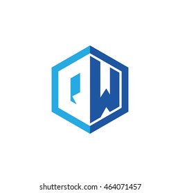 Initial letters QW negative space hexagon shape logo blue
