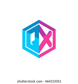 Initial letters QX hexagon box shape logo blue pink purple