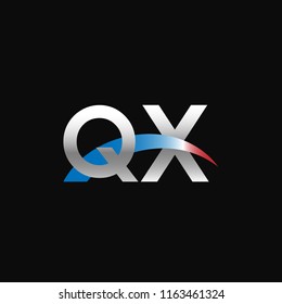 Initial letters QX overlapping movement swoosh logo, metal silver blue red color on black background