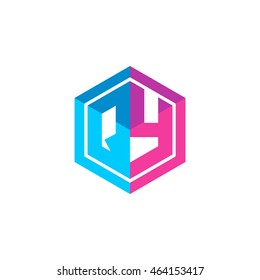 Initial letters QY hexagon box shape logo blue pink purple
