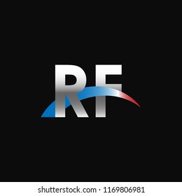 Initial letters RF overlapping movement swoosh logo, metal silver blue red color on black background