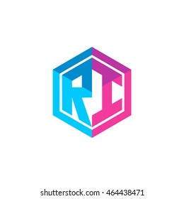 Initial letters RI hexagon box shape logo blue pink purple