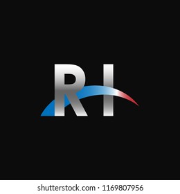 Initial letters RI overlapping movement swoosh logo, metal silver blue red color on black background