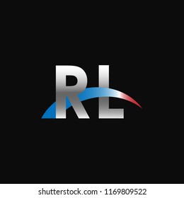 Initial letters RL overlapping movement swoosh logo, metal silver blue red color on black background