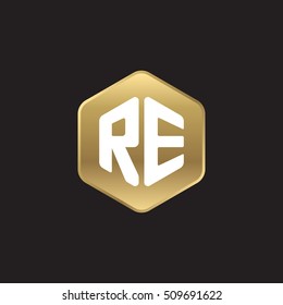 Initial letters RE rounded hexagon shape gold modern logo