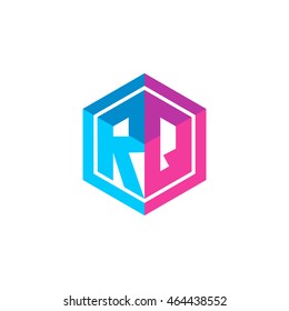 Initial letters RQ hexagon box shape logo blue pink purple