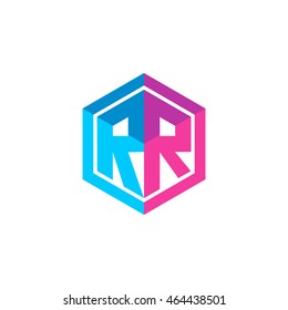 Initial letters RR hexagon box shape logo blue pink purple