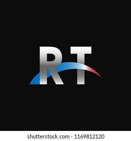 Initial letters RT overlapping movement swoosh logo, metal silver blue red color on black background
