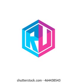 Initial letters RU hexagon box shape logo blue pink purple