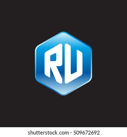 Initial letters RU rounded hexagon shape blue modern logo