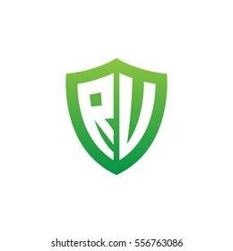 Initial letters RU, RV, shield shape green simple logo