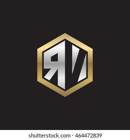 Initial letters RV negative space hexagon shape logo silver gold
