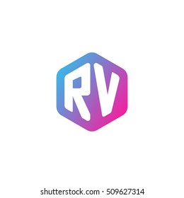 Initial letters RV rounded hexagon shape blue pink purple simple modern logo