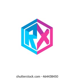 Initial letters RX hexagon box shape logo blue pink purple