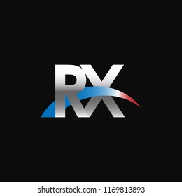 Initial letters RX overlapping movement swoosh logo, metal silver blue red color on black background