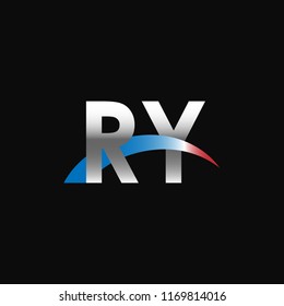 Initial letters RY overlapping movement swoosh logo, metal silver blue red color on black background